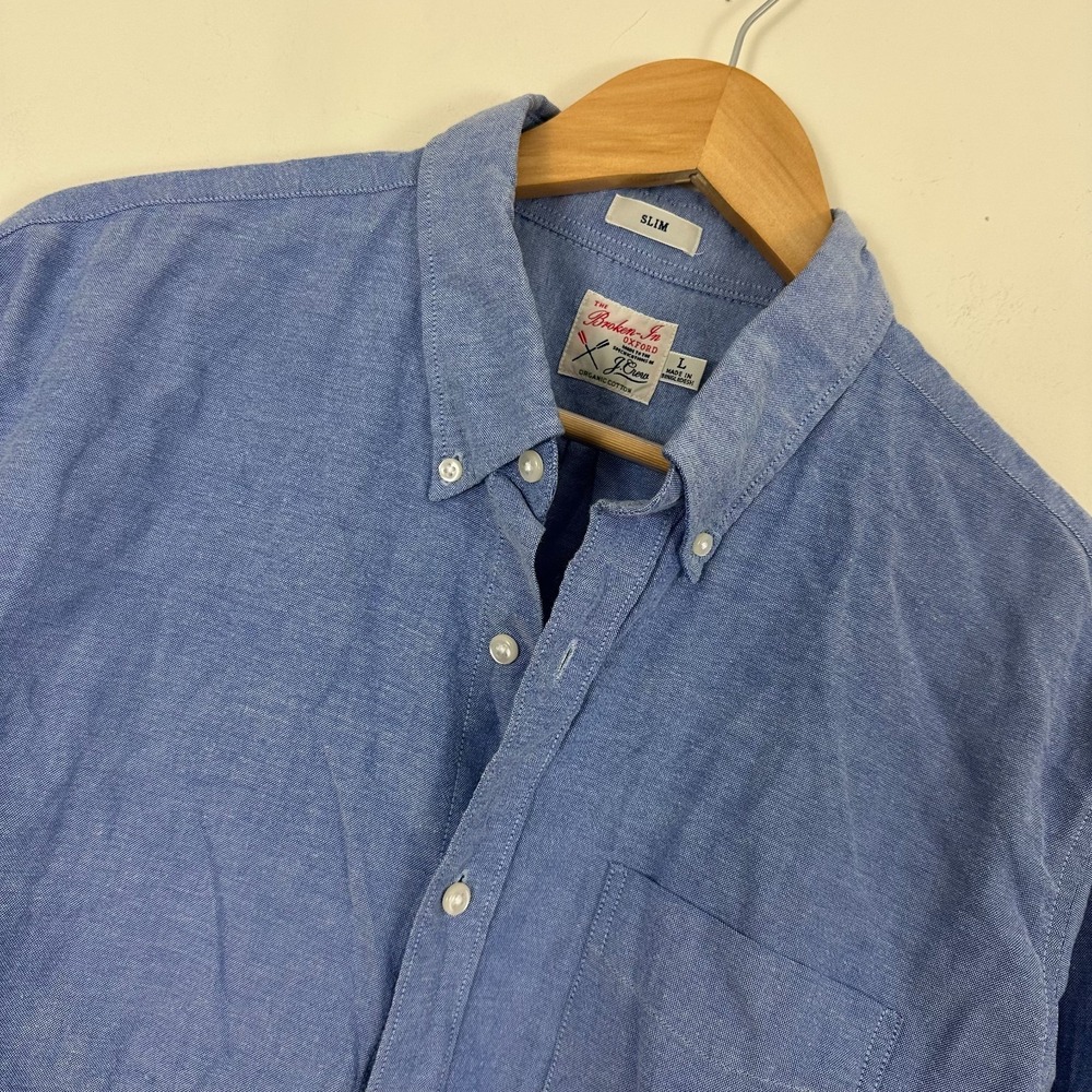 J.Crew Broken In Oxford OCBD Shirt Blue Organic Cotton Slim Fit Button Down L